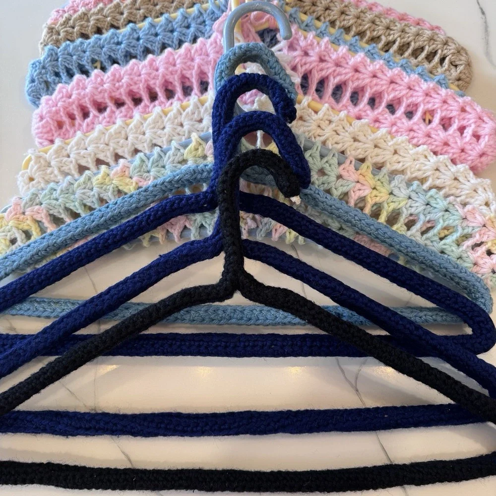 10 Vintage Handmade Crochet Clothes Hangers Colorful Yarn Cottage Core His & Her